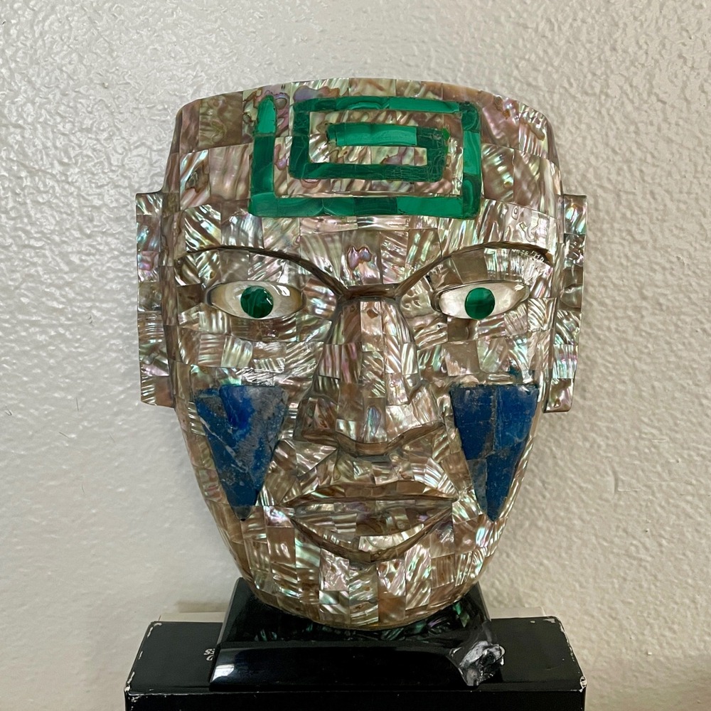 Mexican Mosaic Mask Mother of Pearl Malachite Lapis Inlay Folk Art Sculpture